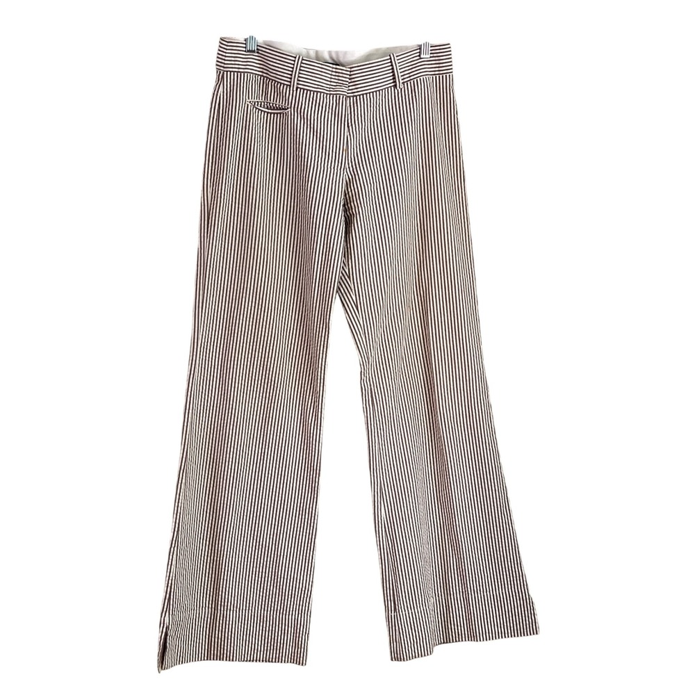 BCBGMAXAZRIA Seersucker Flare Pants 8 Womens Striped Brown White Coastal Summer